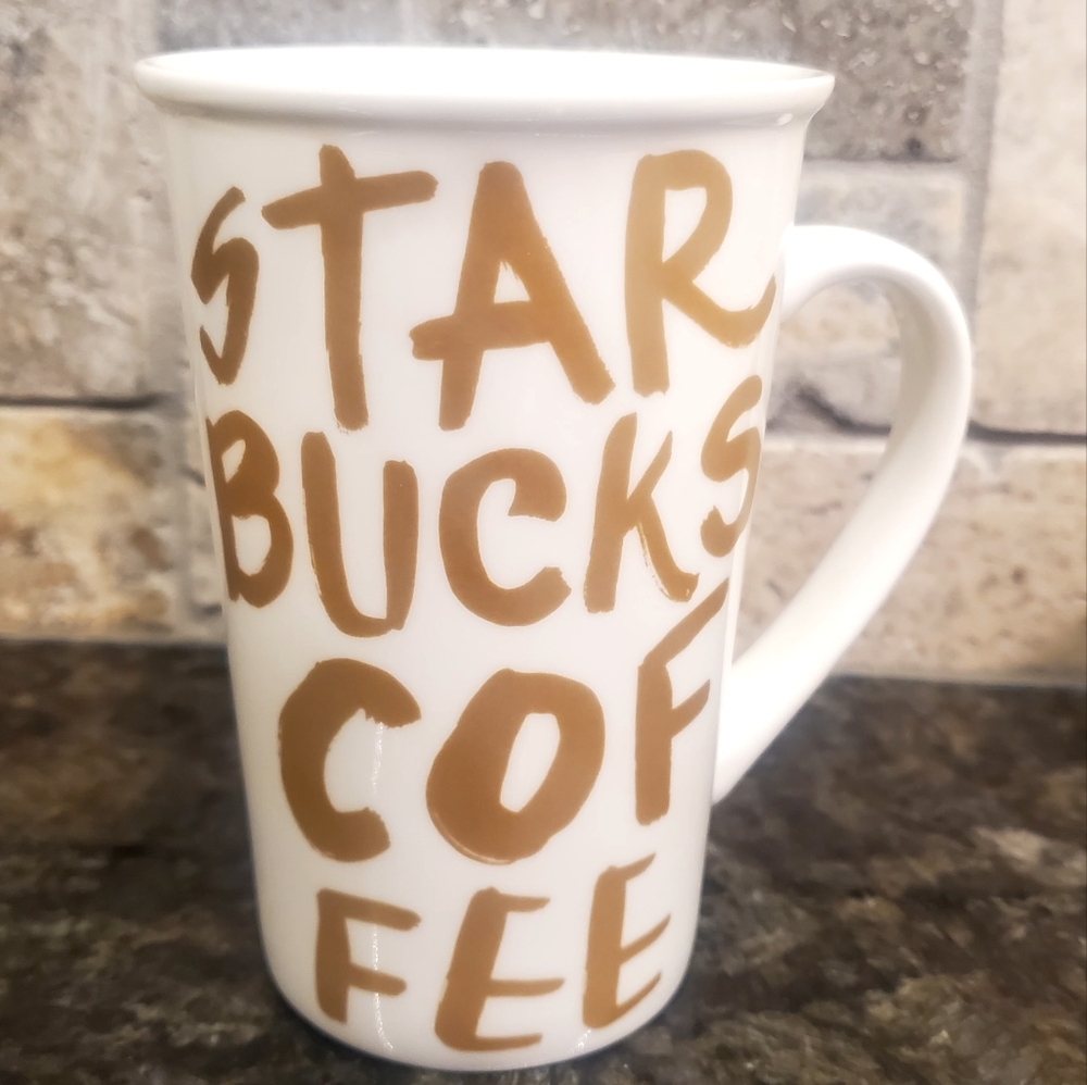 Starbucks Ceramic Graffiti Mug 2015 White & Gold Lettering 12 oz